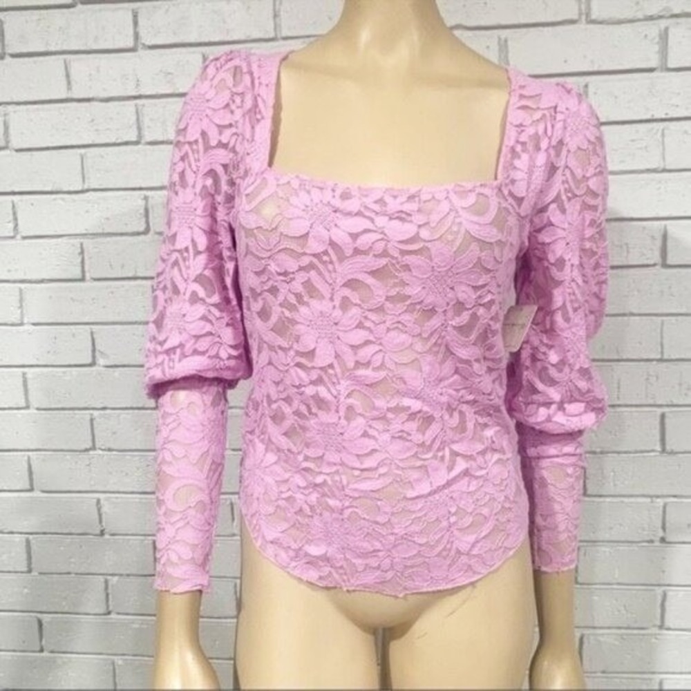 Free People Intimately Lavender Floral Lace Puff Sleeve Square Neck Top NWT M